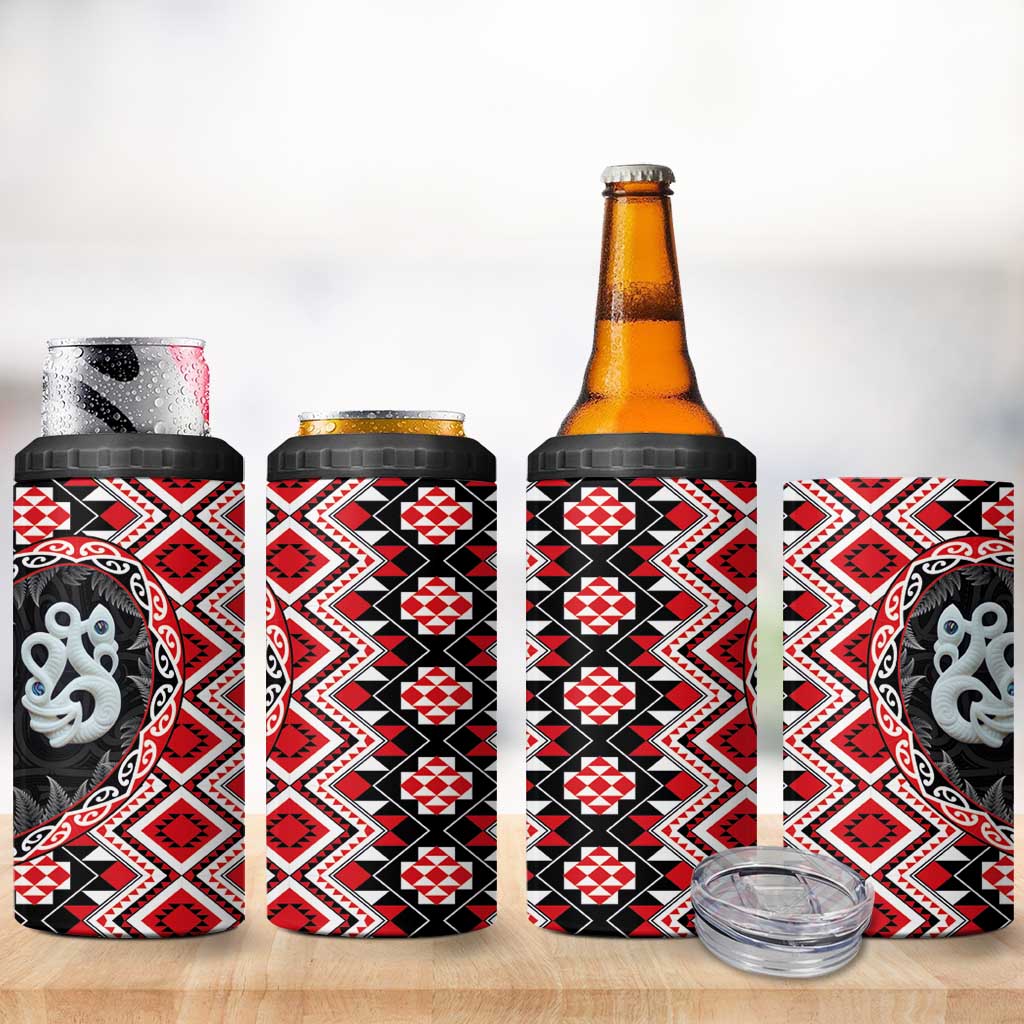 Red Taniko Motif Aotearoa Manaia and Silver Fern 4 in 1 Can Cooler Tumbler LT03 - Polynesian Pride