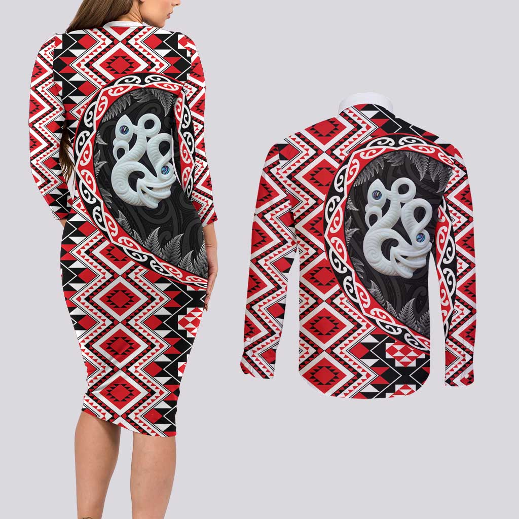 Red Taniko Motif Aotearoa Manaia and Silver Fern Couples Matching Long Sleeve Bodycon Dress and Long Sleeve Button Shirt