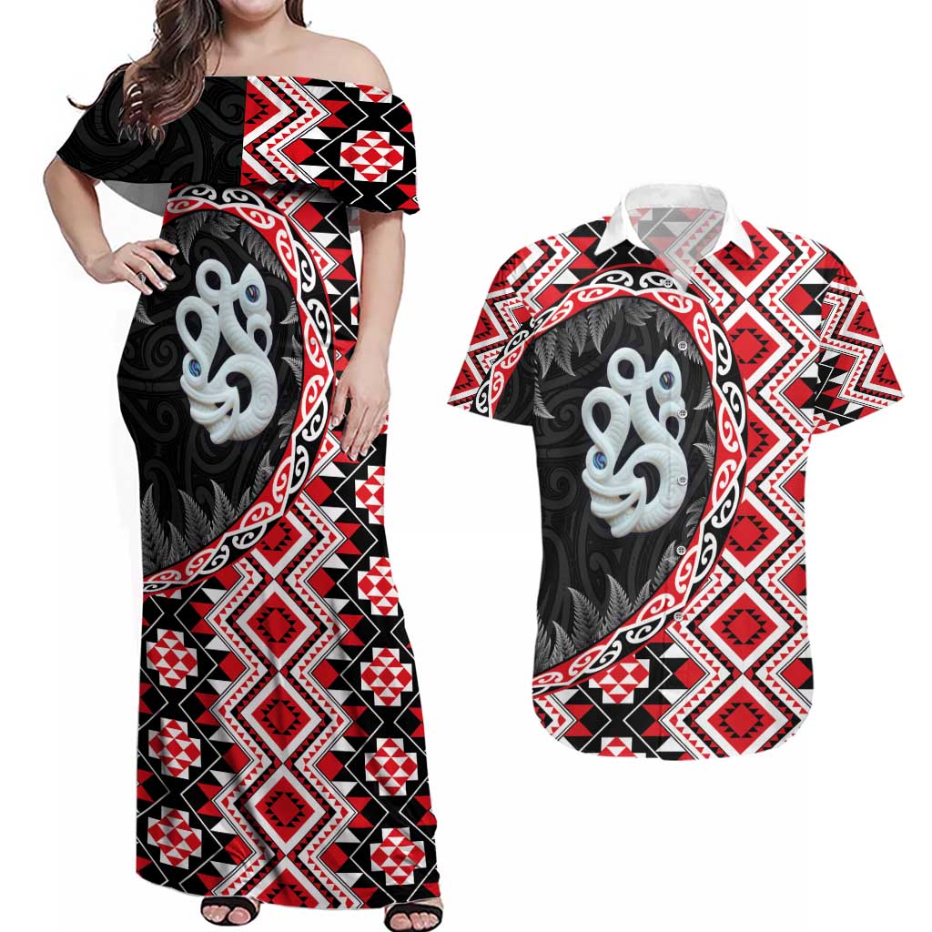 Red Taniko Motif Aotearoa Manaia and Silver Fern Couples Matching Off Shoulder Maxi Dress and Hawaiian Shirt LT03 Red - Polynesian Pride