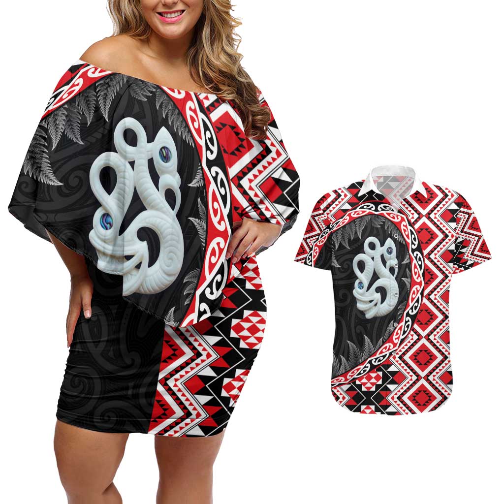 Red Taniko Motif Aotearoa Manaia and Silver Fern Couples Matching Off Shoulder Short Dress and Hawaiian Shirt LT03 Red - Polynesian Pride