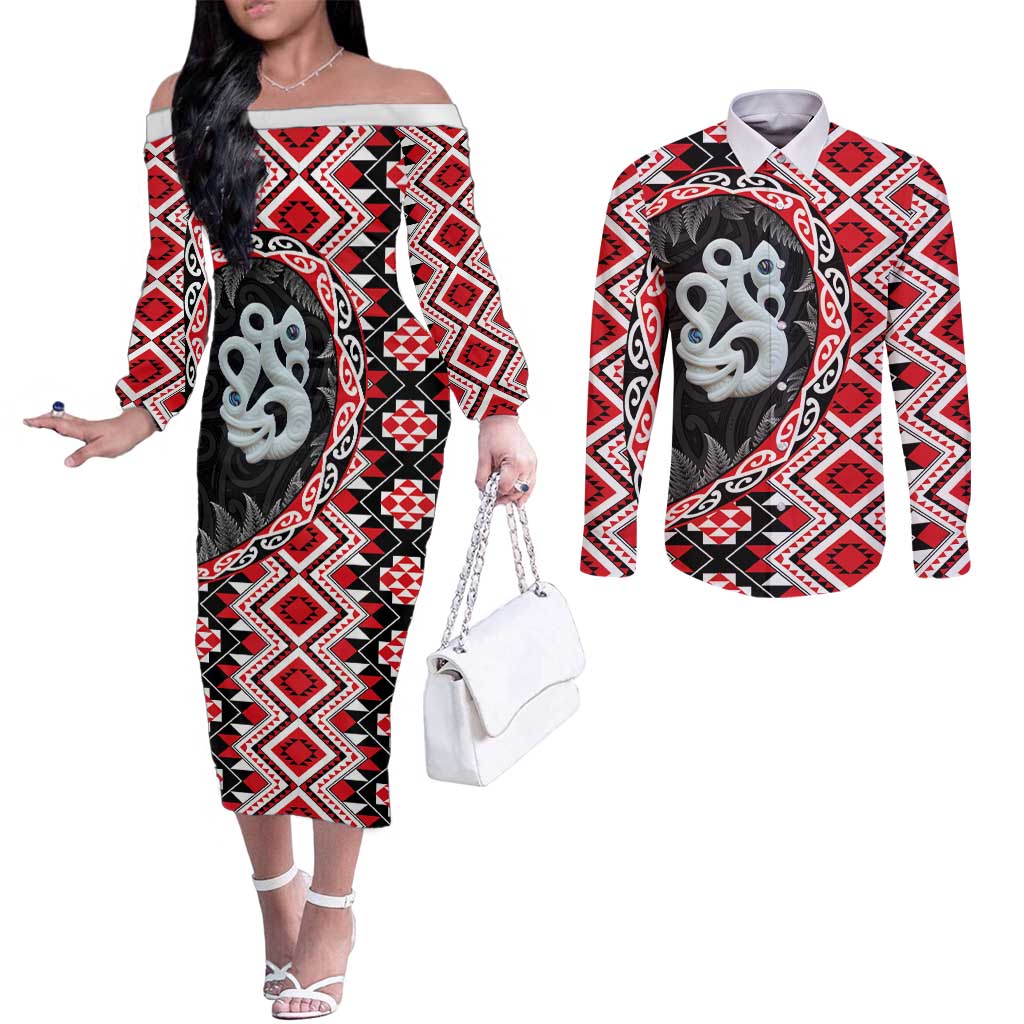 Red Taniko Motif Aotearoa Manaia and Silver Fern Couples Matching Off The Shoulder Long Sleeve Dress and Long Sleeve Button Shirt