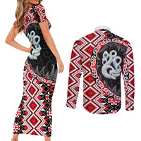 Red Taniko Motif Aotearoa Manaia and Silver Fern Couples Matching Short Sleeve Bodycon Dress and Long Sleeve Button Shirt