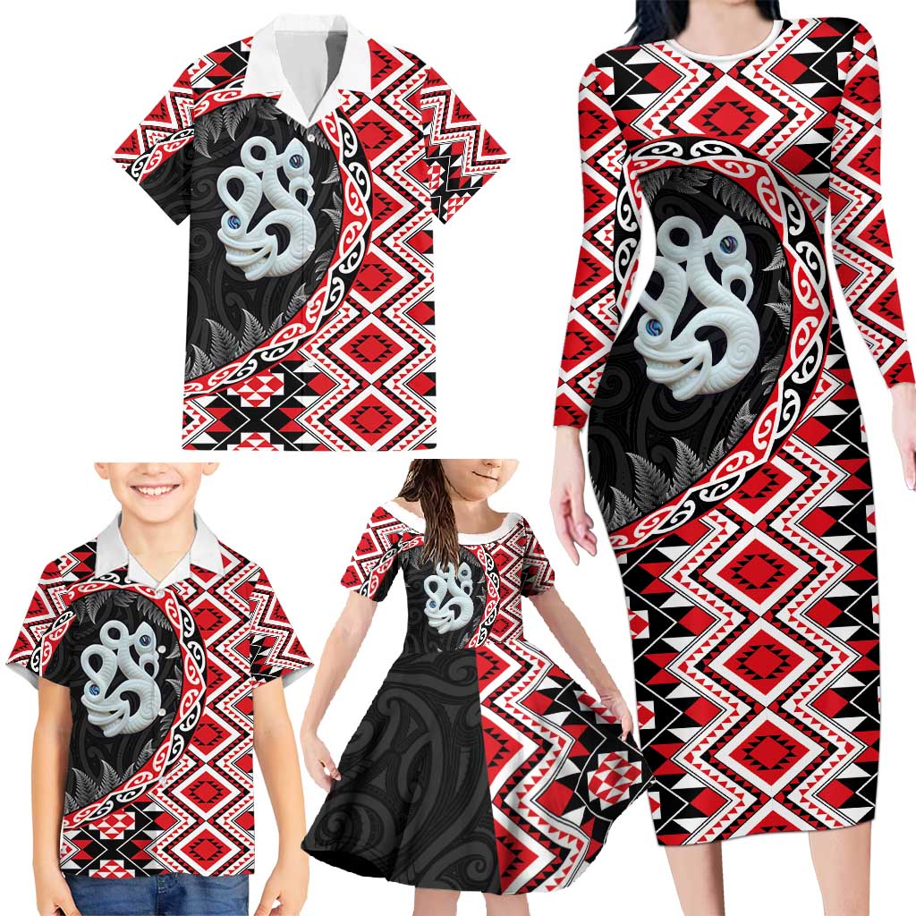 Red Taniko Motif Aotearoa Manaia and Silver Fern Family Matching Long Sleeve Bodycon Dress and Hawaiian Shirt