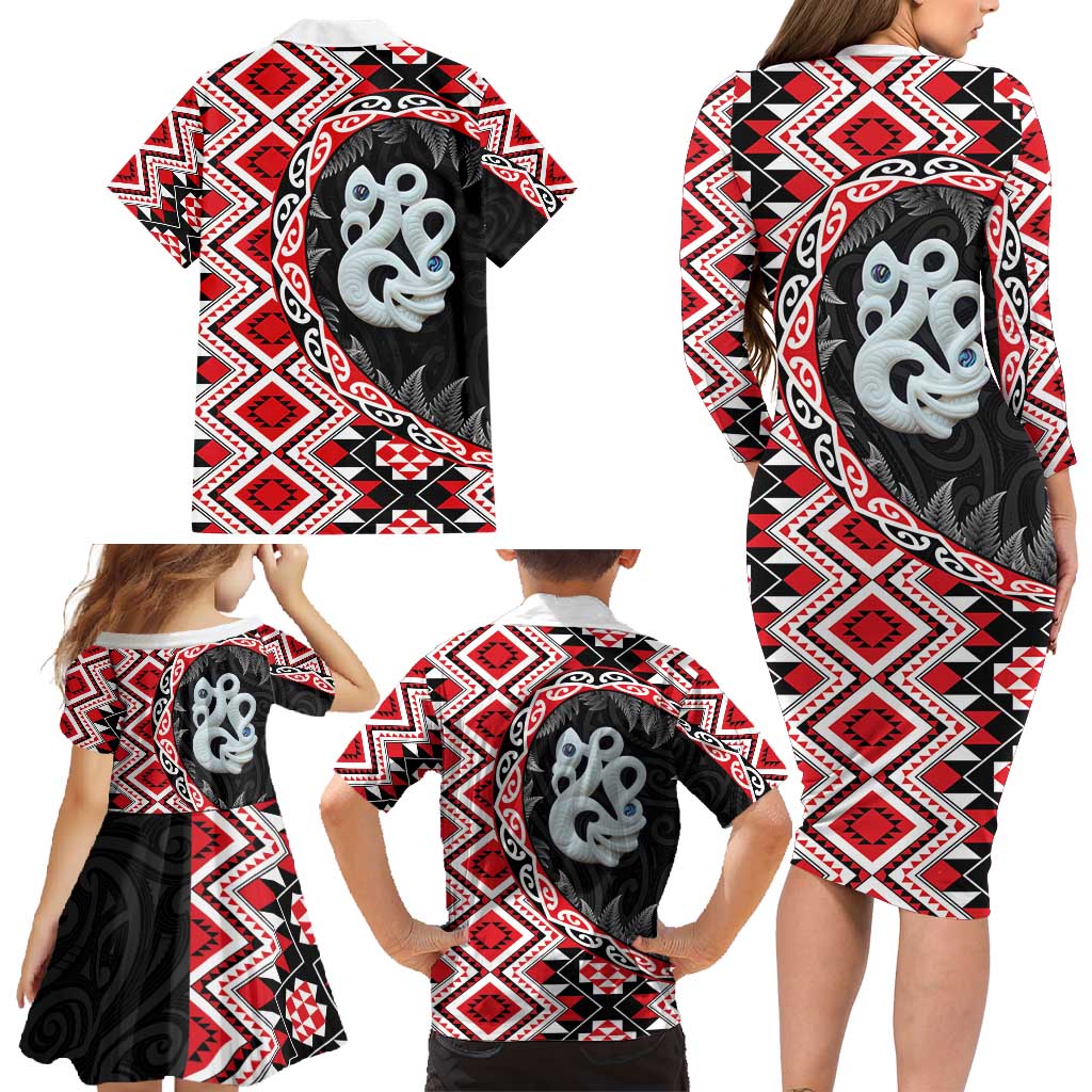 Red Taniko Motif Aotearoa Manaia and Silver Fern Family Matching Long Sleeve Bodycon Dress and Hawaiian Shirt