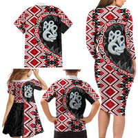Red Taniko Motif Aotearoa Manaia and Silver Fern Family Matching Long Sleeve Bodycon Dress and Hawaiian Shirt