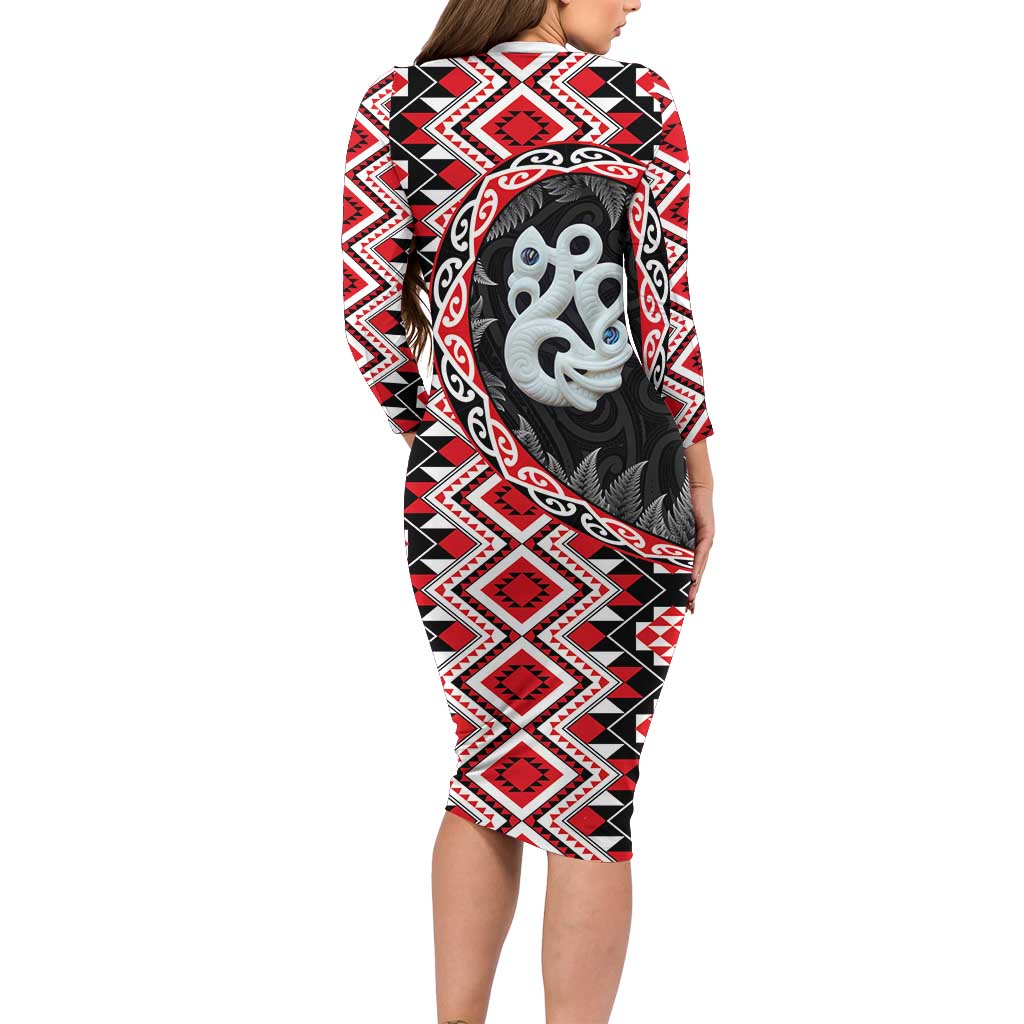Red Taniko Motif Aotearoa Manaia and Silver Fern Family Matching Long Sleeve Bodycon Dress and Hawaiian Shirt
