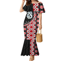 Red Taniko Motif Aotearoa Manaia and Silver Fern Family Matching Mermaid Dress and Hawaiian Shirt