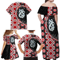 Red Taniko Motif Aotearoa Manaia and Silver Fern Family Matching Off Shoulder Maxi Dress and Hawaiian Shirt