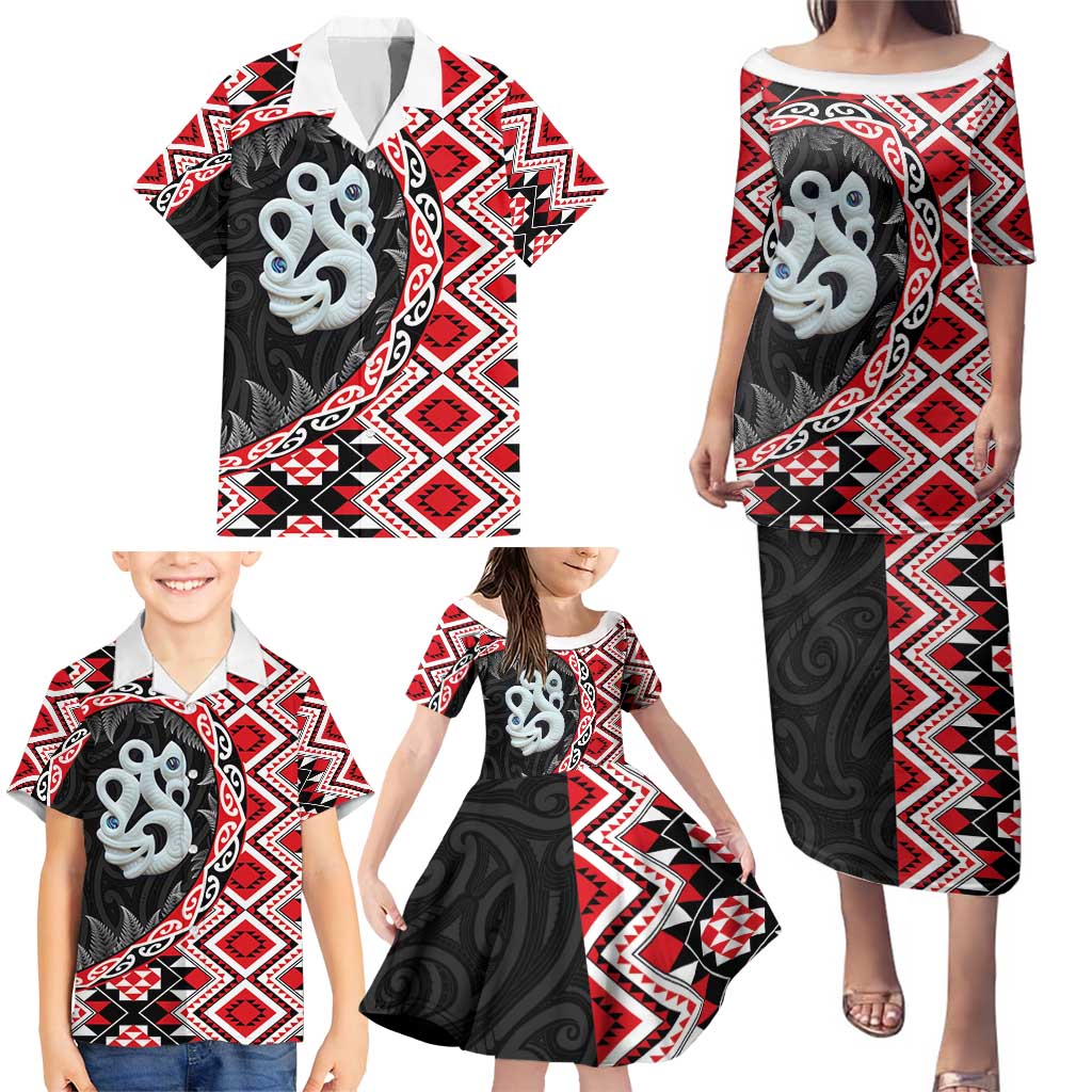 Red Taniko Motif Aotearoa Manaia and Silver Fern Family Matching Puletasi and Hawaiian Shirt