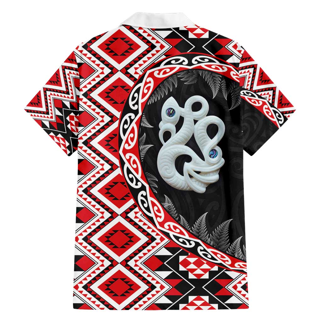 Red Taniko Motif Aotearoa Manaia and Silver Fern Family Matching Puletasi and Hawaiian Shirt