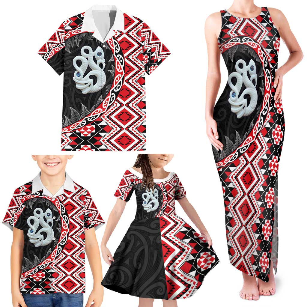 Red Taniko Motif Aotearoa Manaia and Silver Fern Family Matching Tank Maxi Dress and Hawaiian Shirt