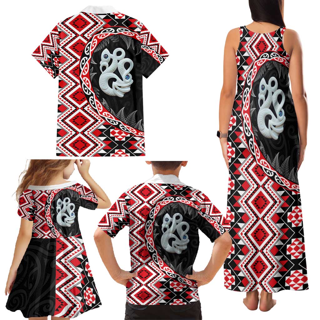Red Taniko Motif Aotearoa Manaia and Silver Fern Family Matching Tank Maxi Dress and Hawaiian Shirt