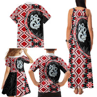 Red Taniko Motif Aotearoa Manaia and Silver Fern Family Matching Tank Maxi Dress and Hawaiian Shirt