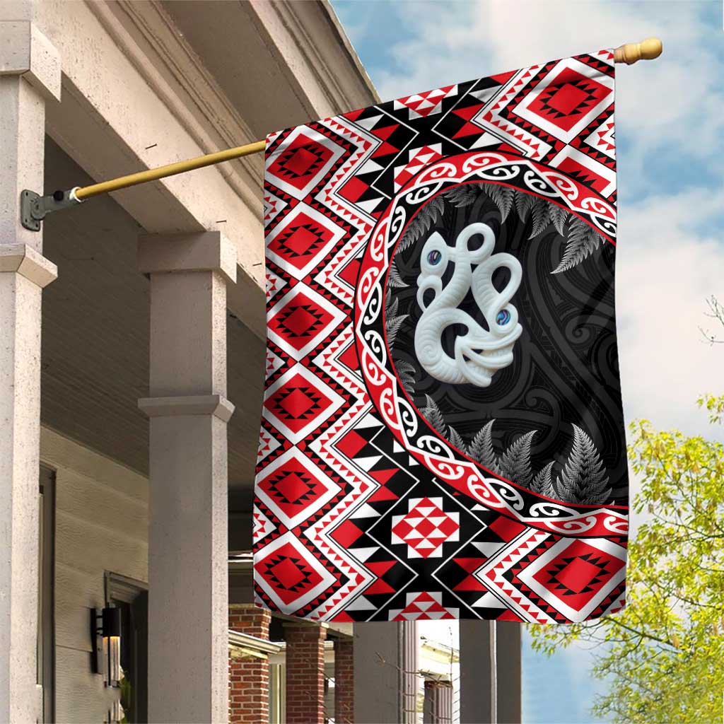 Red Taniko Motif Aotearoa Manaia and Silver Fern Garden Flag LT03 House Flag Red - Polynesian Pride
