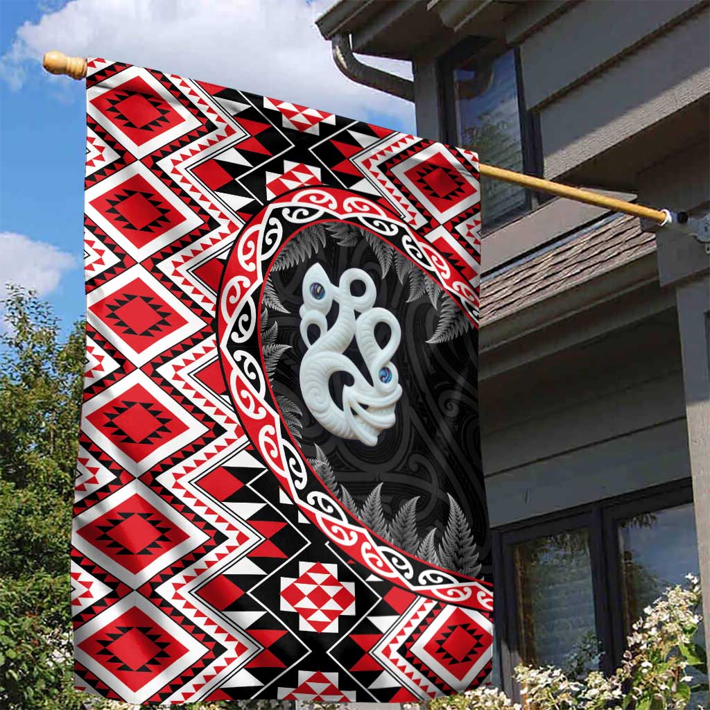 Red Taniko Motif Aotearoa Manaia and Silver Fern Garden Flag LT03 - Polynesian Pride