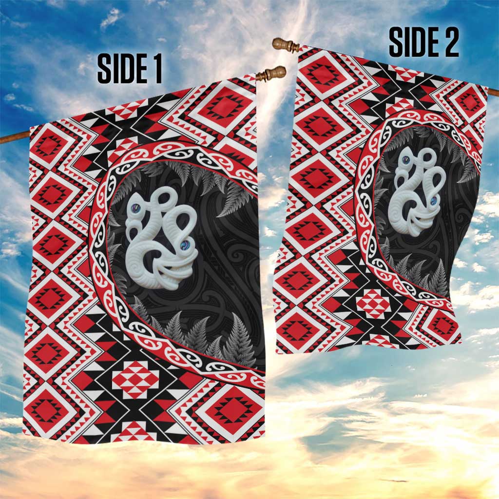 Red Taniko Motif Aotearoa Manaia and Silver Fern Garden Flag LT03 - Polynesian Pride