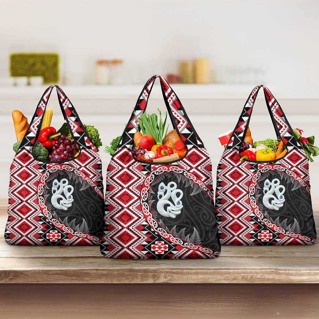 Red Taniko Motif Aotearoa Manaia and Silver Fern Grocery Bag LT03 3-pack One Size Red - Polynesian Pride