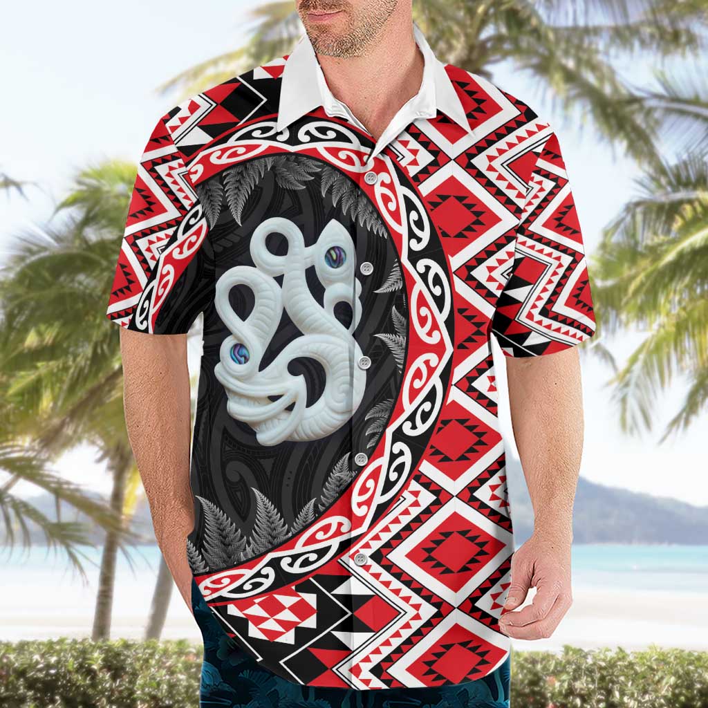Red Taniko Motif Aotearoa Manaia and Silver Fern Hawaiian Shirt LT03 - Polynesian Pride