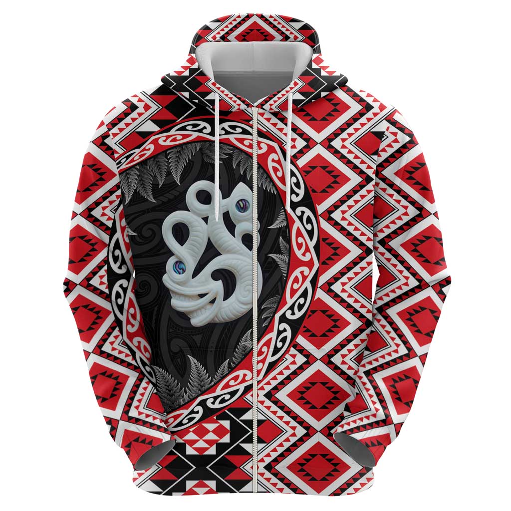 Red Taniko Motif Aotearoa Manaia and Silver Fern Hoodie