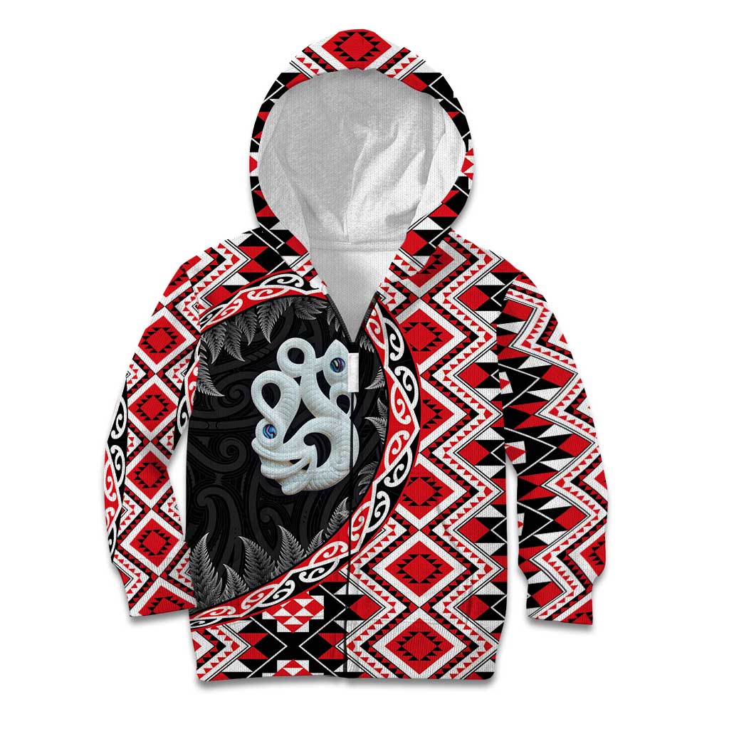 Red Taniko Motif Aotearoa Manaia and Silver Fern Kid Hoodie