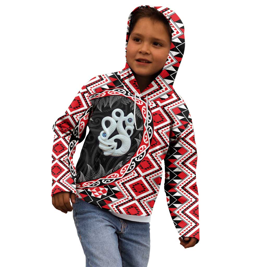 Red Taniko Motif Aotearoa Manaia and Silver Fern Kid Hoodie