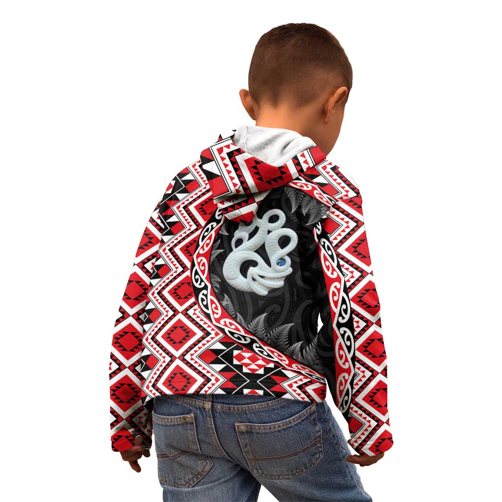 Red Taniko Motif Aotearoa Manaia and Silver Fern Kid Hoodie