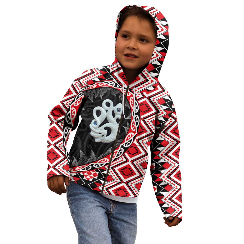 Red Taniko Motif Aotearoa Manaia and Silver Fern Kid Hoodie