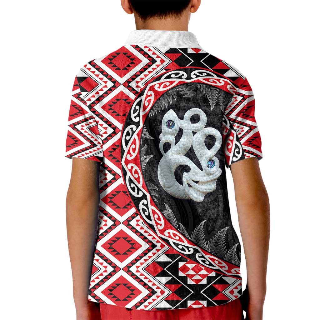 Red Taniko Motif Aotearoa Manaia and Silver Fern Kid Polo Shirt