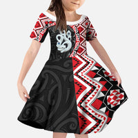 Red Taniko Motif Aotearoa Manaia and Silver Fern Kid Short Sleeve Dress
