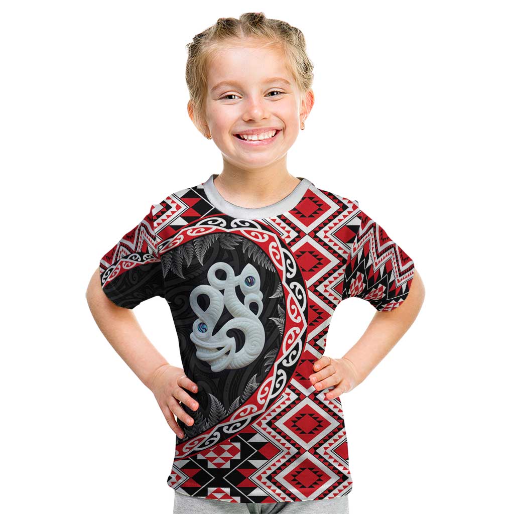 Red Taniko Motif Aotearoa Manaia and Silver Fern Kid T Shirt