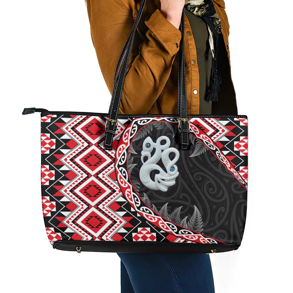 Red Taniko Motif Aotearoa Manaia and Silver Fern Leather Tote Bag LT03 - Polynesian Pride