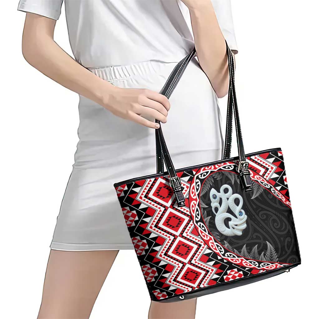 Red Taniko Motif Aotearoa Manaia and Silver Fern Leather Tote Bag LT03 - Polynesian Pride