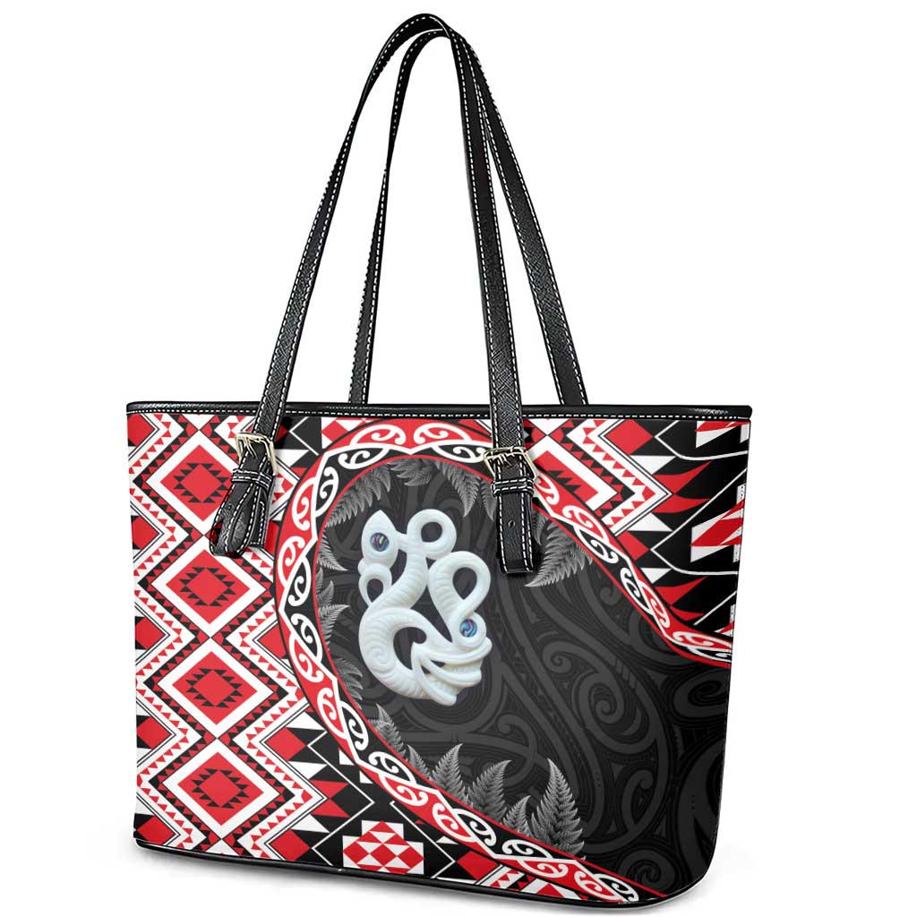 Red Taniko Motif Aotearoa Manaia and Silver Fern Leather Tote Bag LT03 - Polynesian Pride