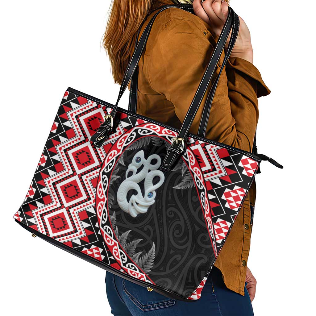 Red Taniko Motif Aotearoa Manaia and Silver Fern Leather Tote Bag LT03 - Polynesian Pride
