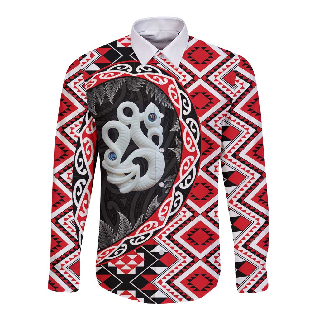 Red Taniko Motif Aotearoa Manaia and Silver Fern Long Sleeve Button Shirt LT03 Unisex Red - Polynesian Pride