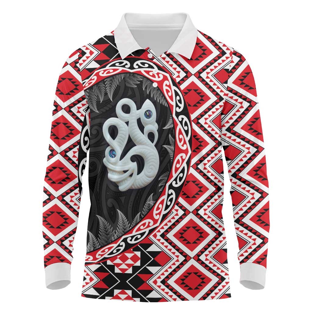Red Taniko Motif Aotearoa Manaia and Silver Fern Long Sleeve Polo Shirt