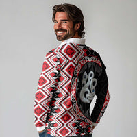Red Taniko Motif Aotearoa Manaia and Silver Fern Long Sleeve Polo Shirt