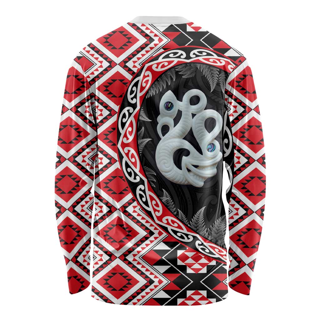Red Taniko Motif Aotearoa Manaia and Silver Fern Long Sleeve Shirt