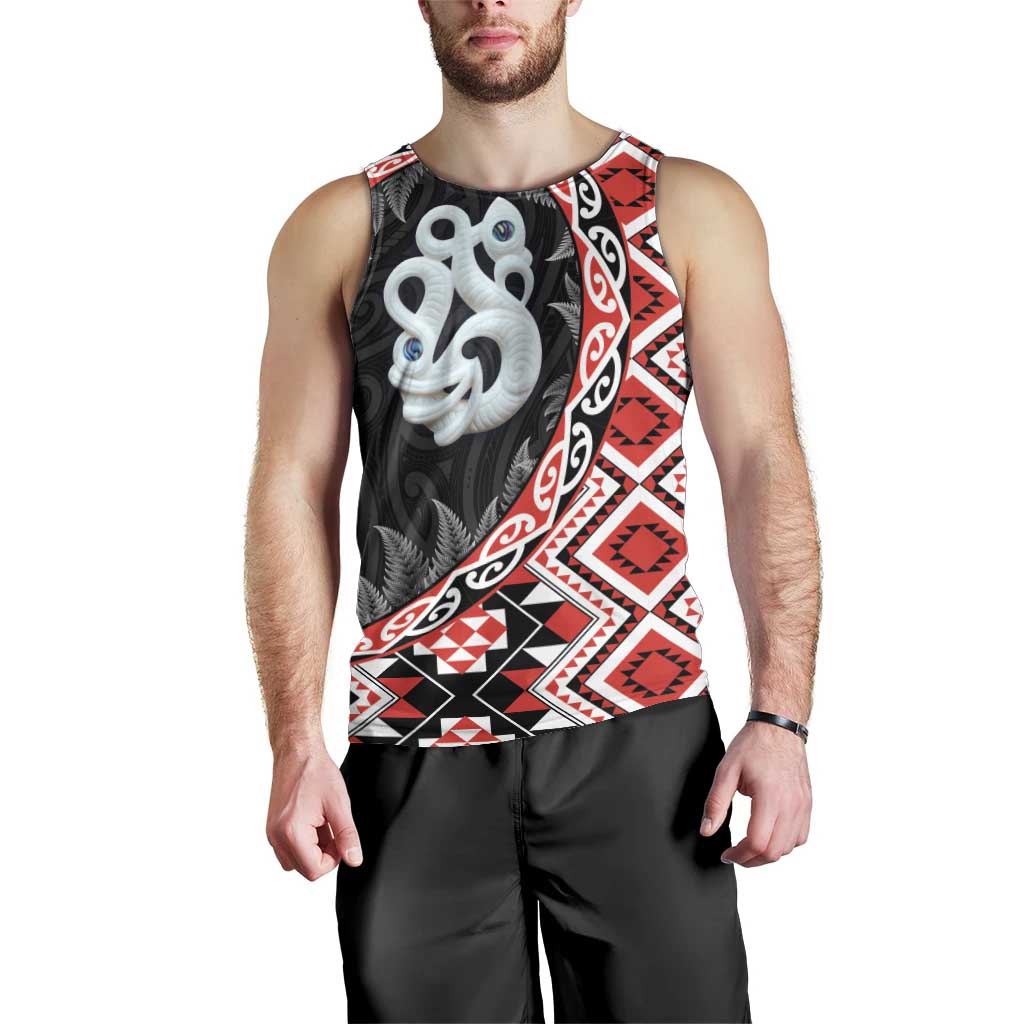 Red Taniko Motif Aotearoa Manaia and Silver Fern Men Tank Top LT03 - Polynesian Pride