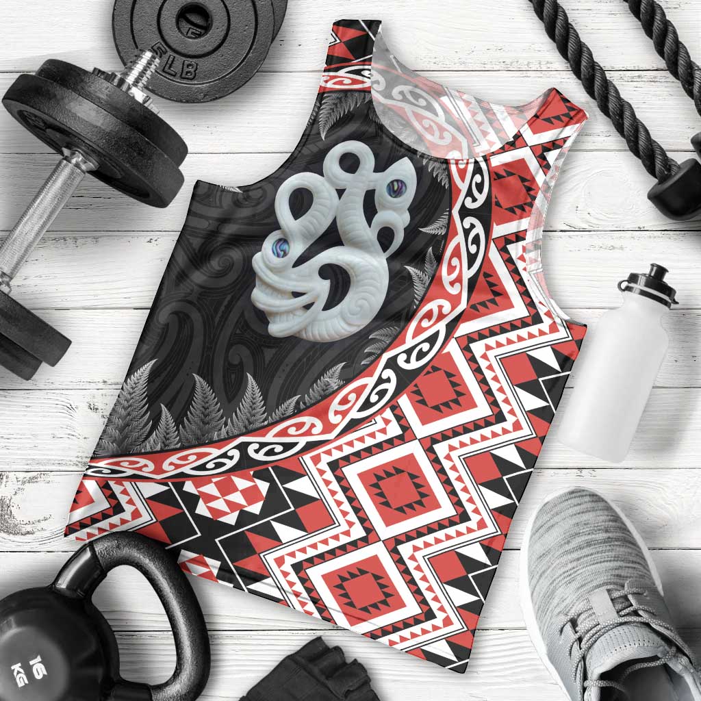 Red Taniko Motif Aotearoa Manaia and Silver Fern Men Tank Top LT03 - Polynesian Pride