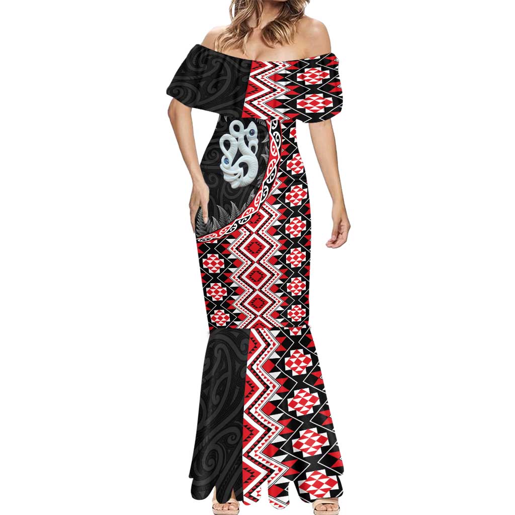 Red Taniko Motif Aotearoa Manaia and Silver Fern Mermaid Dress
