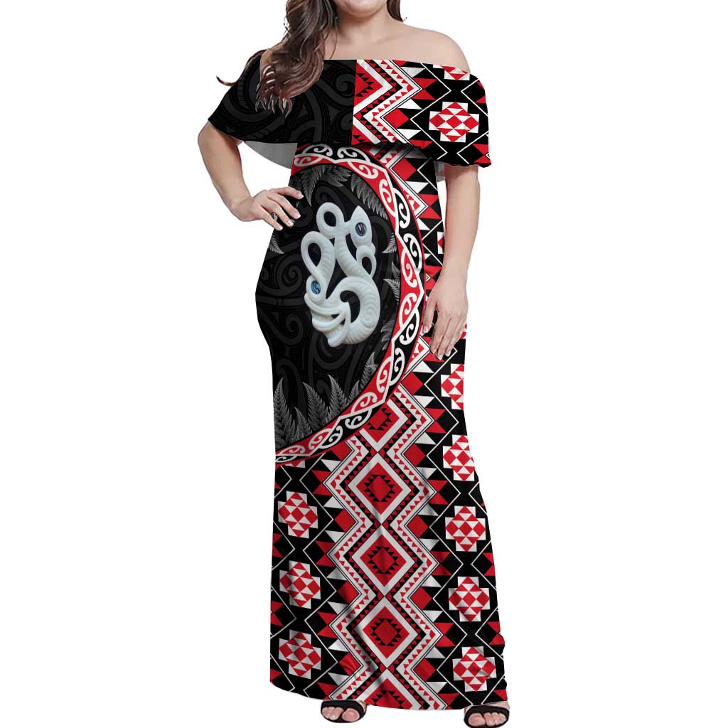 Red Taniko Motif Aotearoa Manaia and Silver Fern Off Shoulder Maxi Dress LT03 Women Red - Polynesian Pride