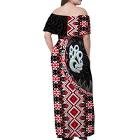 Red Taniko Motif Aotearoa Manaia and Silver Fern Off Shoulder Maxi Dress LT03 - Polynesian Pride