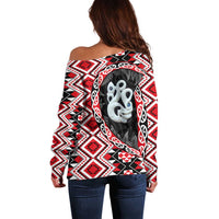 Red Taniko Motif Aotearoa Manaia and Silver Fern Off Shoulder Sweater