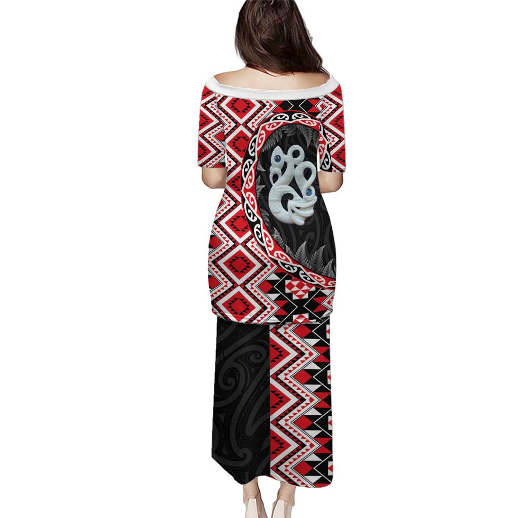 Red Taniko Motif Aotearoa Manaia and Silver Fern Puletasi LT03 - Polynesian Pride