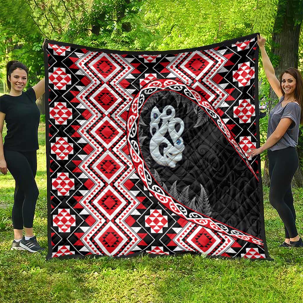 Red Taniko Motif Aotearoa Manaia and Silver Fern Quilt