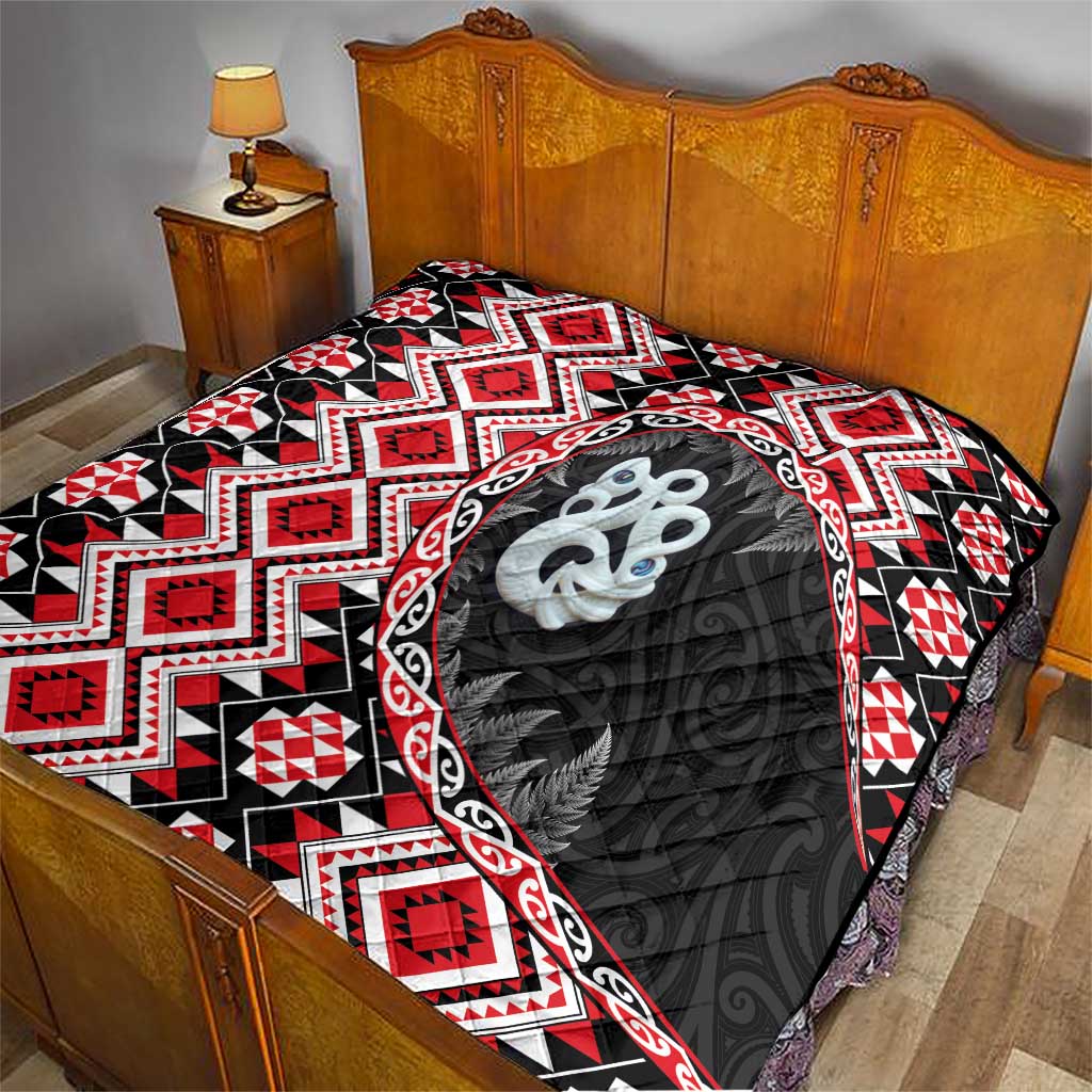 Red Taniko Motif Aotearoa Manaia and Silver Fern Quilt