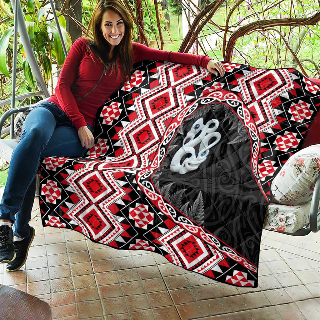 Red Taniko Motif Aotearoa Manaia and Silver Fern Quilt