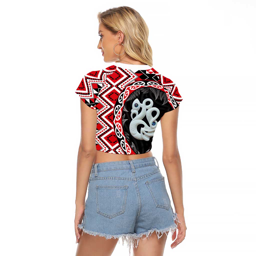 Red Taniko Motif Aotearoa Manaia and Silver Fern Raglan Cropped T Shirt LT03 - Polynesian Pride