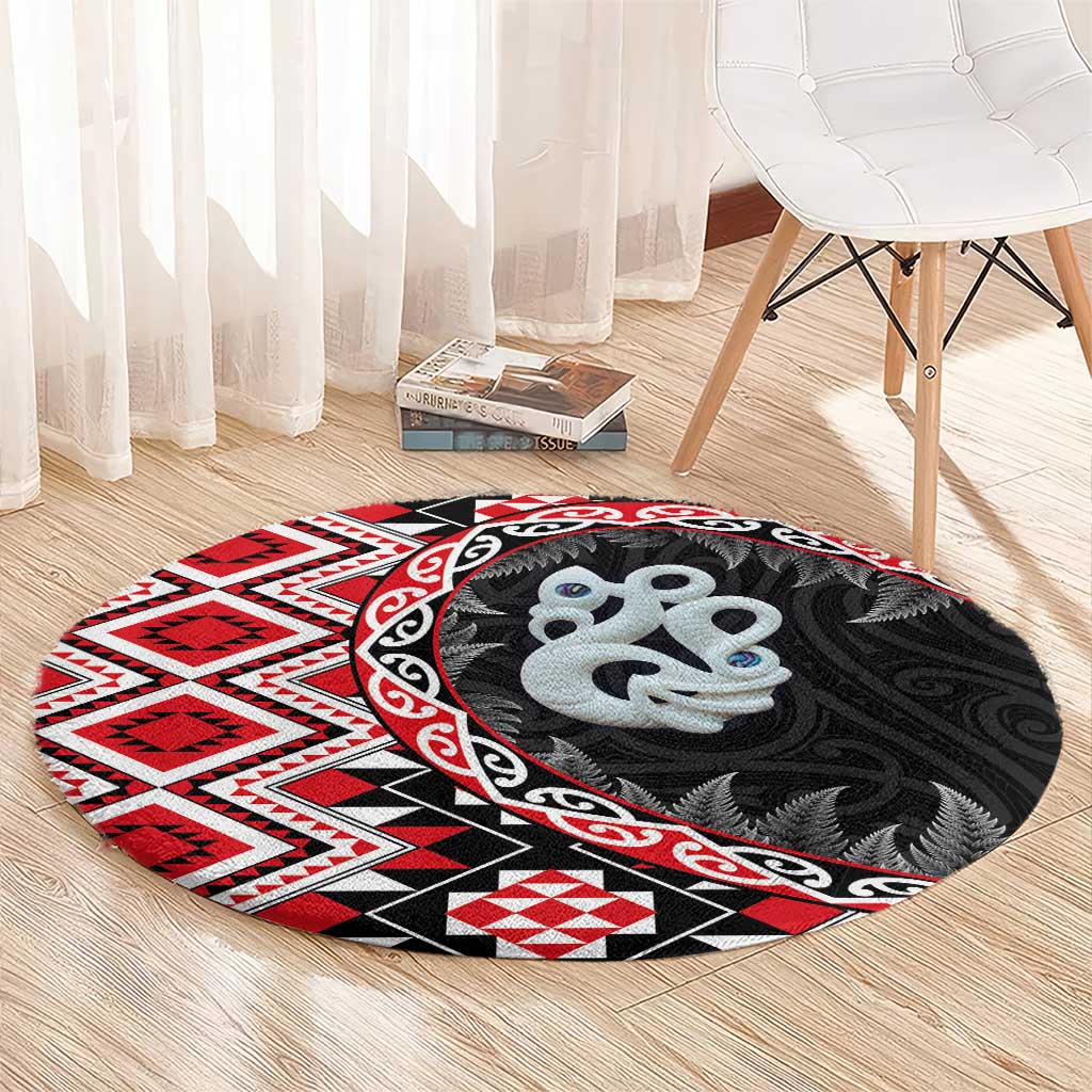 Red Taniko Motif Aotearoa Manaia and Silver Fern Round Carpet